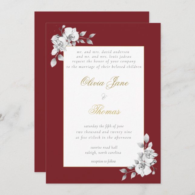 Invitation Mariage BW Eucalyptus Burgundy Forme Or (Devant / Derrière)