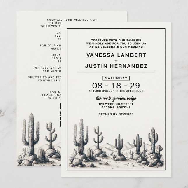 Invitation Mariage Cactus décontracté avec code QR et détails (Devant / Derrière)