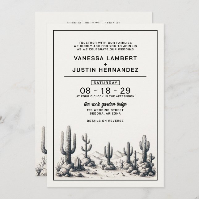 Invitation Mariage Cactus décontracté avec détails (Devant / Derrière)