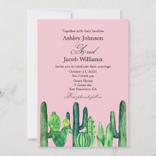 Invitation Mariage Cactus. Vert succulent. Rose moderne