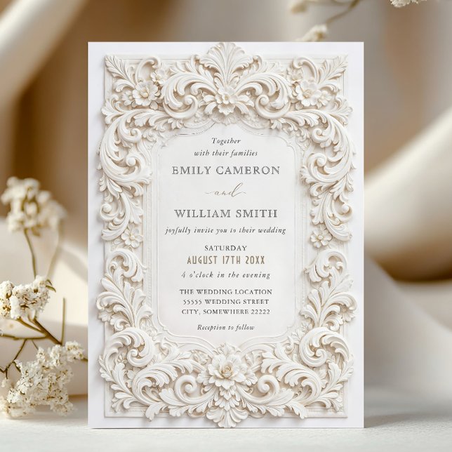 Invitation Mariage Cadre Baroque Blanc Élégant Classique (Créateur téléchargé)