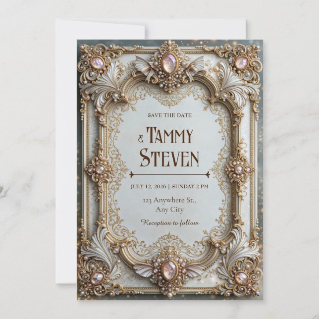 Invitation Mariage Cadre Baroque Doré Perle Rosée (Devant)