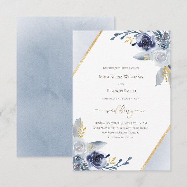 Invitation mariage ・ cadre bleu poussiéreux pour fleurs d'aqu (Devant / Derrière)