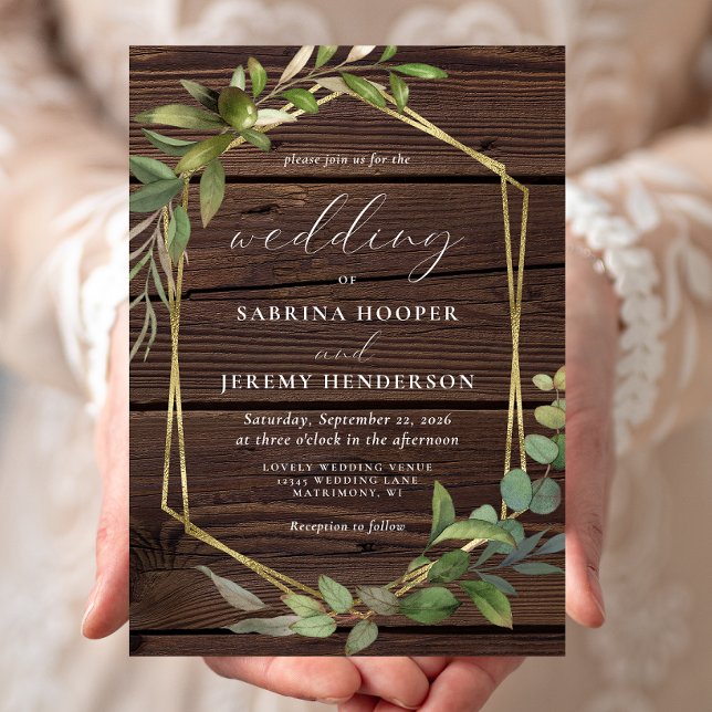 Invitation Mariage Cadre Bois Eucalyptus Rustique Doré (Créateur téléchargé)