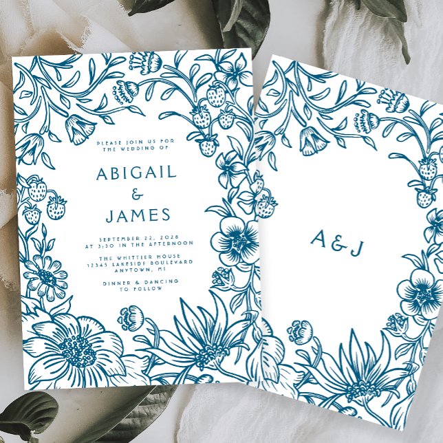 Invitation Mariage Cadre Botanique Bleu Vintage (Créateur téléchargé)