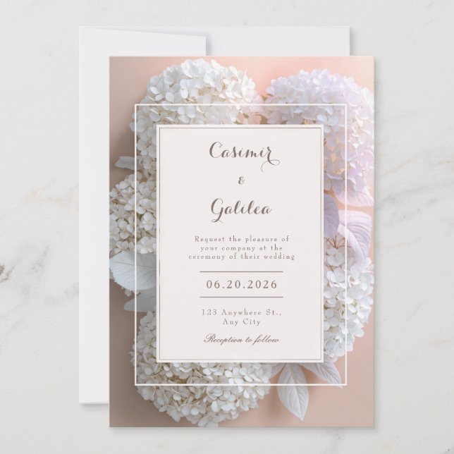 Invitation Mariage cadre botanique Hydrangea blanche abricot (Devant)