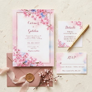 Invitation Mariage Cadre Bronze Aquarelle Bleu Cerisier Rose