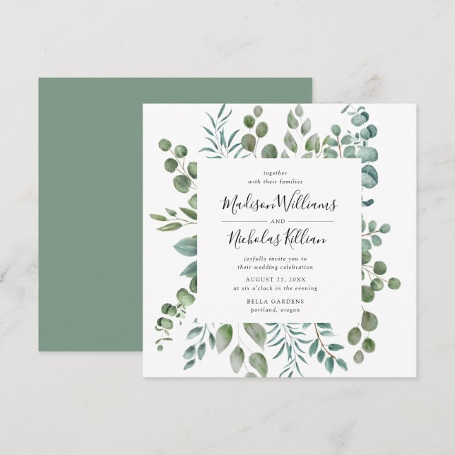 Invitation Mariage Cadre Carré | Végétation Moderne (Devant / Derrière)