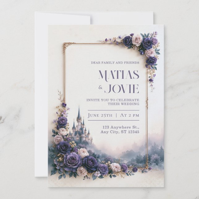 Invitation Mariage cadre Château Rose Lavande (Devant)