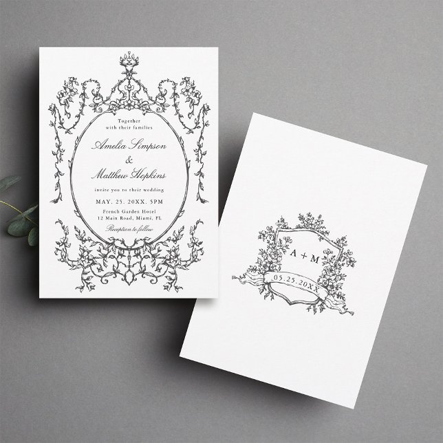 Invitation Mariage Cadre Classique Noir & Blanc            (Front & Back)