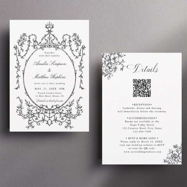 Invitation Mariage Cadre Classique Tout en Un                 (Front & Back)
