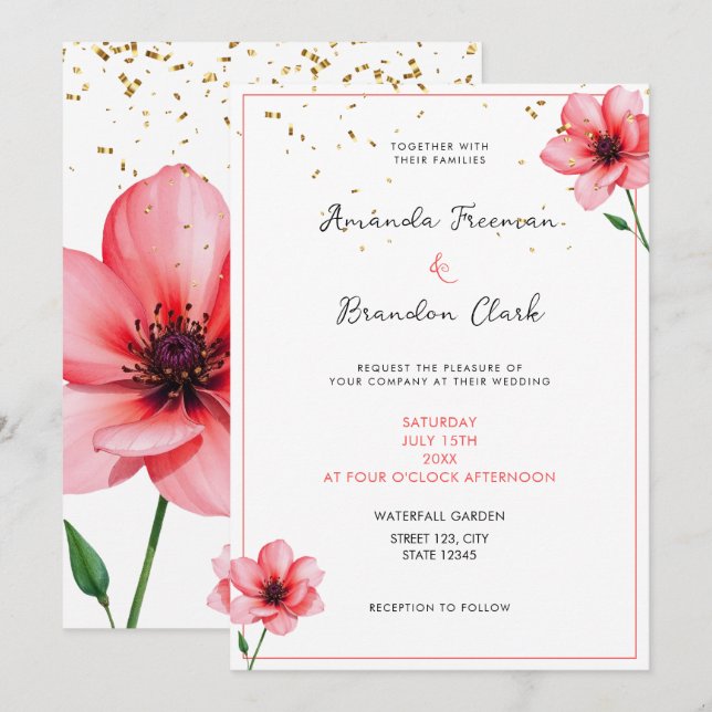 Invitation Mariage Cadre de Confettis Floraux Rose Foncé Chic (Devant / Derrière)