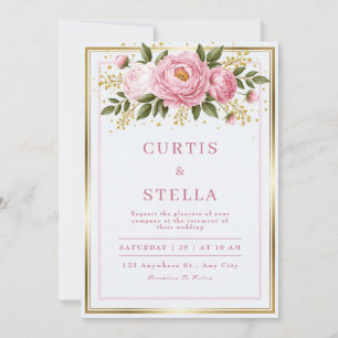Invitation Mariage cadre de feuille d'or Pivoine Rouge