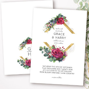 Invitation Mariage Cadre Diamant Or Rose Rouge et Eucalyptus