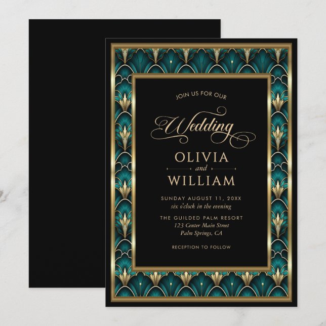 Invitation Mariage Cadre Doré Art Déco Vintage (Devant / Derrière)