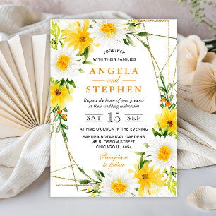 Invitation Mariage Cadre Doré avec Marguerites et Fleurs Jaun