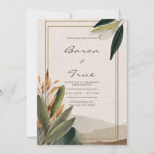 Invitation Mariage Cadre Doré avec Verdure Automnale Rustique
