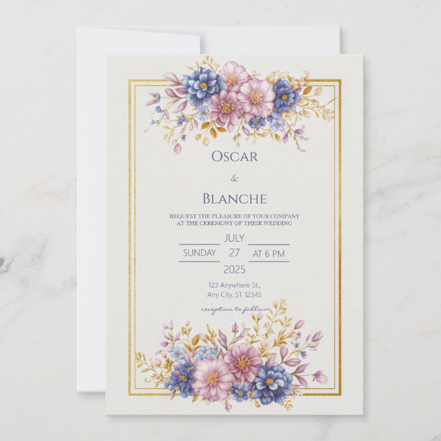 Invitation Mariage Cadre Doré Botanique Bleu Mauve (Devant)