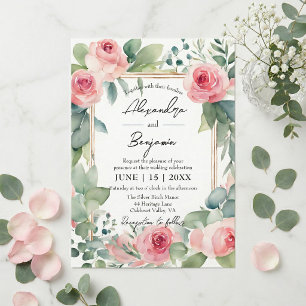Invitation Mariage Cadre Doré Eucalyptus Floral Rose Pâle