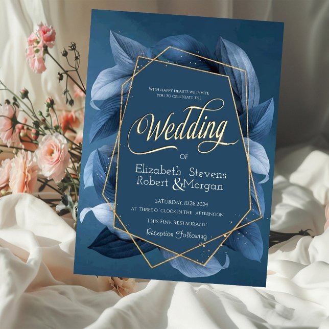 Invitation Mariage Cadre Doré Feuilles Bleues (Créateur téléchargé)