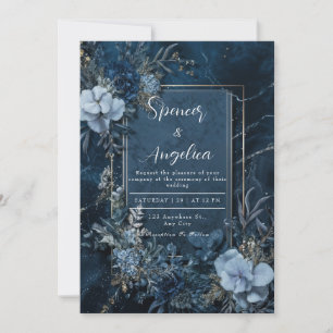 Invitation Mariage Cadre Doré Fleur Bleu Minuit Marbre