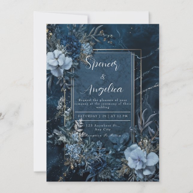 Invitation Mariage Cadre Doré Fleur Bleu Minuit Marbre (Devant)