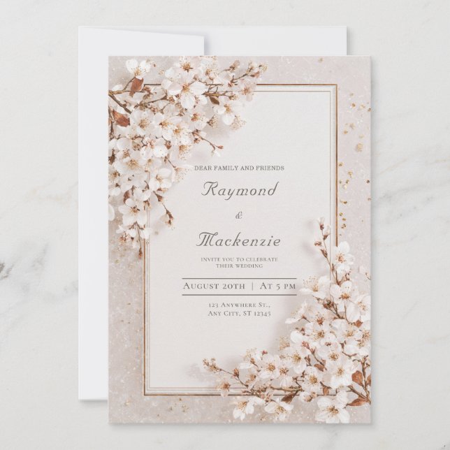 Invitation Mariage Cadre Doré Fleur de Cerisier Blanc Romanti (Devant)