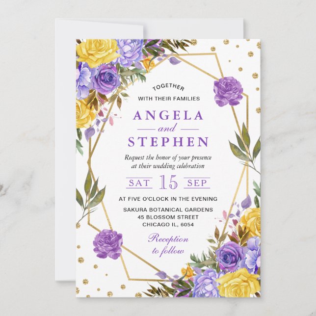 Invitation Mariage cadre doré fleurs de printemps aquarelle b (Devant)
