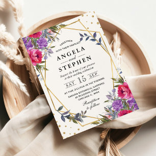 Invitation Mariage Cadre Doré Fleurs de Printemps Roses et Vi