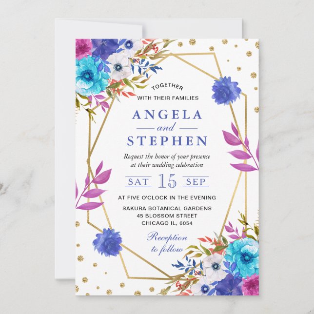 Invitation Mariage Cadre Doré Fleurs d'Été Aquarelle Bohème (Devant)