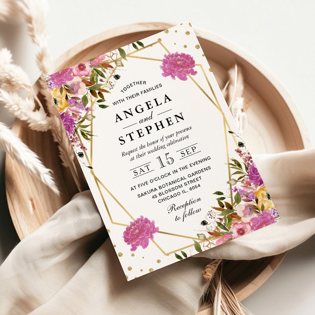 Invitation Mariage Cadre Doré Fleurs d'Été Rose et Jaune (Créateur téléchargé)