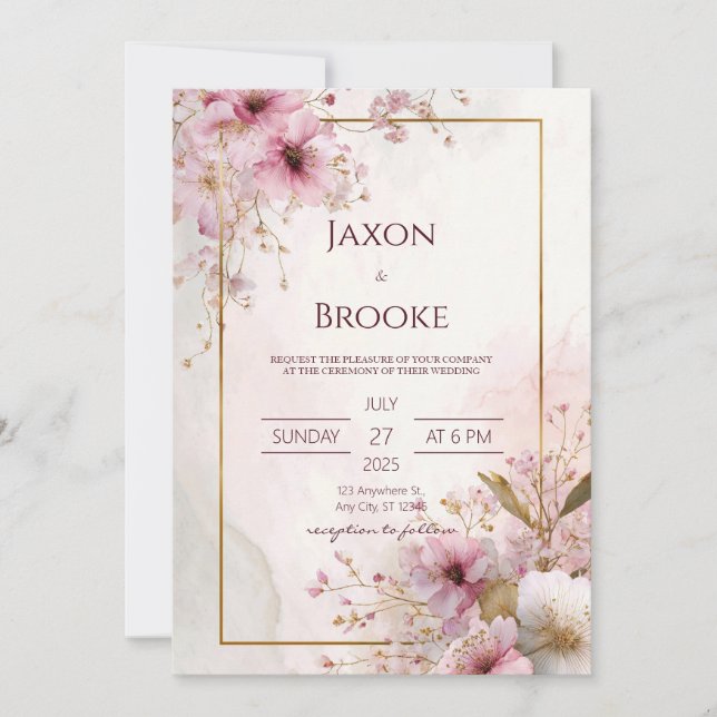 Invitation Mariage Cadre Doré Fleurs Rose Romantique (Devant)