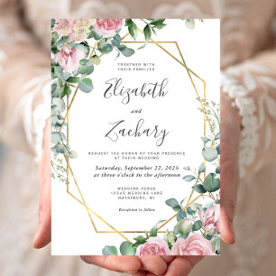 Invitation Mariage Cadre Doré Floral Aquarelle Rose Élégant