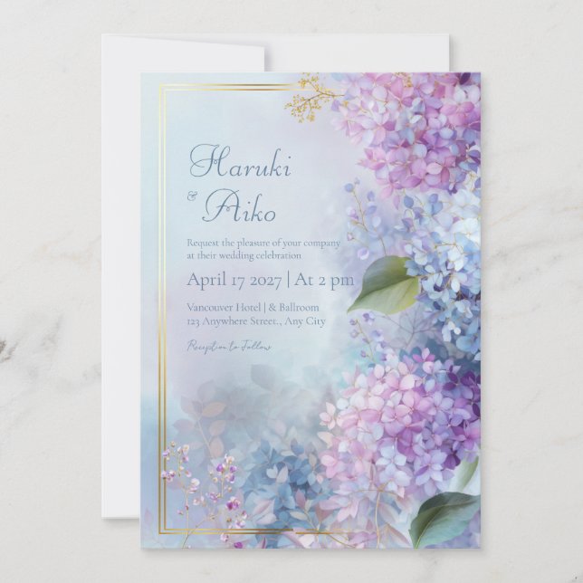 Invitation Mariage Cadre Doré Hydrangea Pastel Misty (Devant)