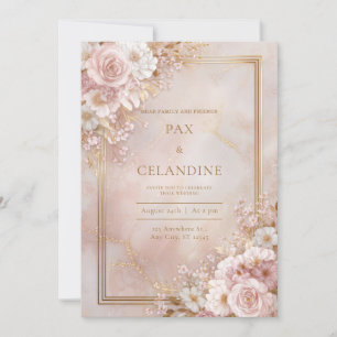 Invitation Mariage Cadre Doré Marbre Floral Rouge aux Joues