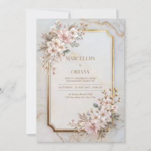 Invitation Mariage Cadre Doré Marbre Sakura Rouge aux Joues
