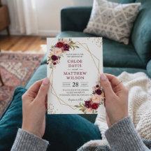 Mariage Cadre Doré Moderne Floral Bourgogne Rouge