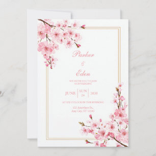 Invitation Mariage Cadre Doré Romantique Cerisier Rose