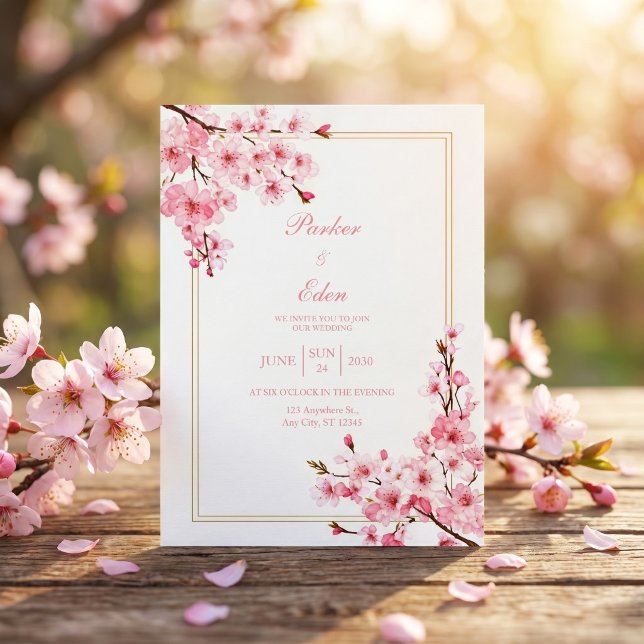 Invitation Mariage Cadre Doré Romantique Cerisier Rose (Créateur téléchargé)