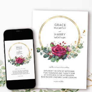 Invitation Mariage Cadre Doré Rose Rouge et Eucalyptus