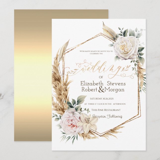 Invitation Mariage Cadre Doré Roses Herbe des Pampas (Devant / Derrière)