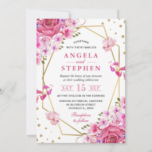 Invitation Mariage Cadre Doré Roses Roses Fuschia Aquarelle B