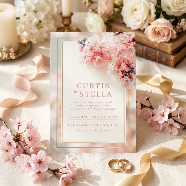Invitation Mariage Cadre Doré Sakura Romantique Rose Pâle (Créateur téléchargé)