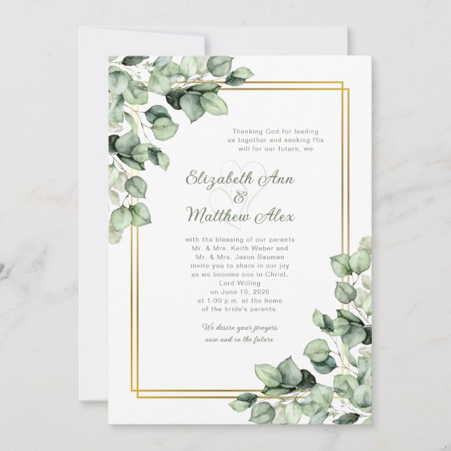 Invitation Mariage Cadre Doré Vert Sauge Eucalyptus (Devant)