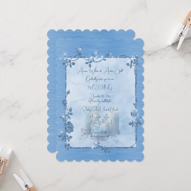 Invitation Mariage Cadre Élégant Brillants Bleu (Devant/Arrière en situation)