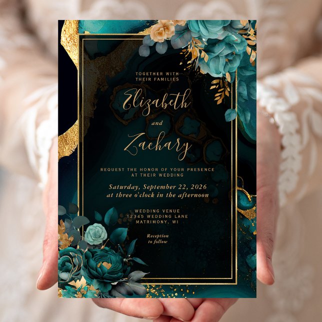 Invitation Mariage Cadre Floral Agate Sarcelle Or (Créateur téléchargé)