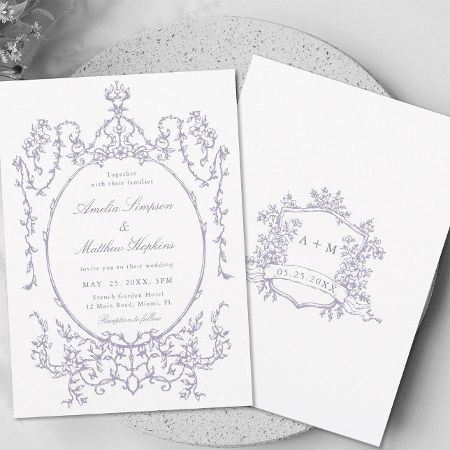 Invitation Mariage cadre floral classique lavande            (Front & Back)