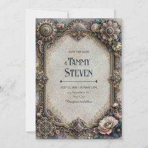 Invitation Mariage cadre floral mandala sarcelle poussiéreuse