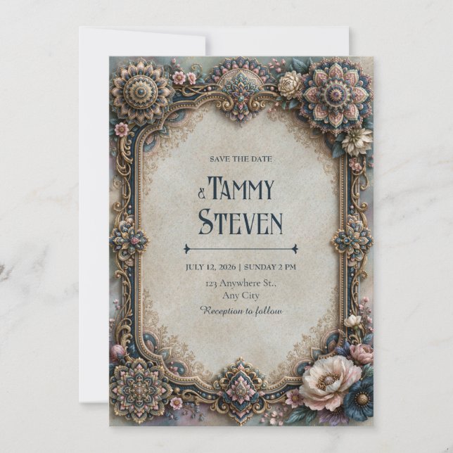 Invitation Mariage cadre floral mandala sarcelle poussiéreuse (Devant)