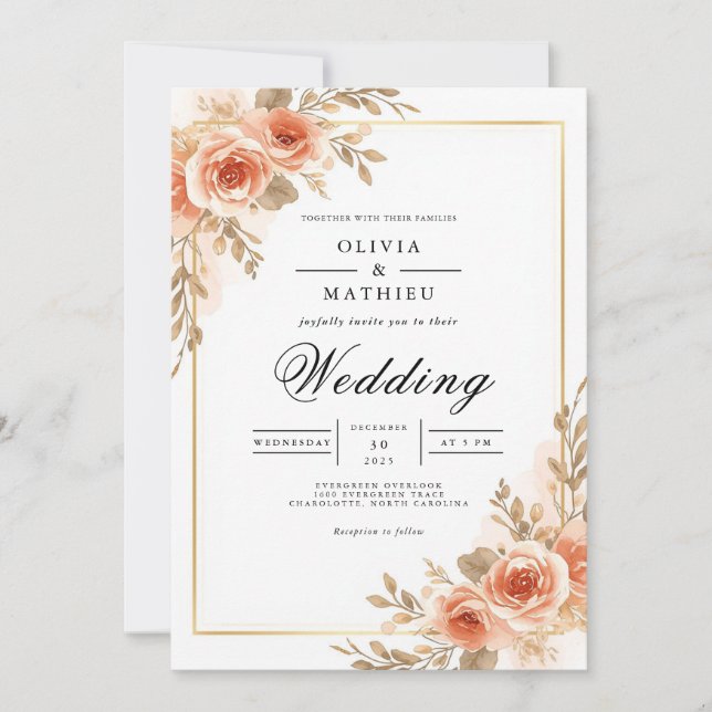 Invitation Mariage Cadre Floral pêche rose (Devant)